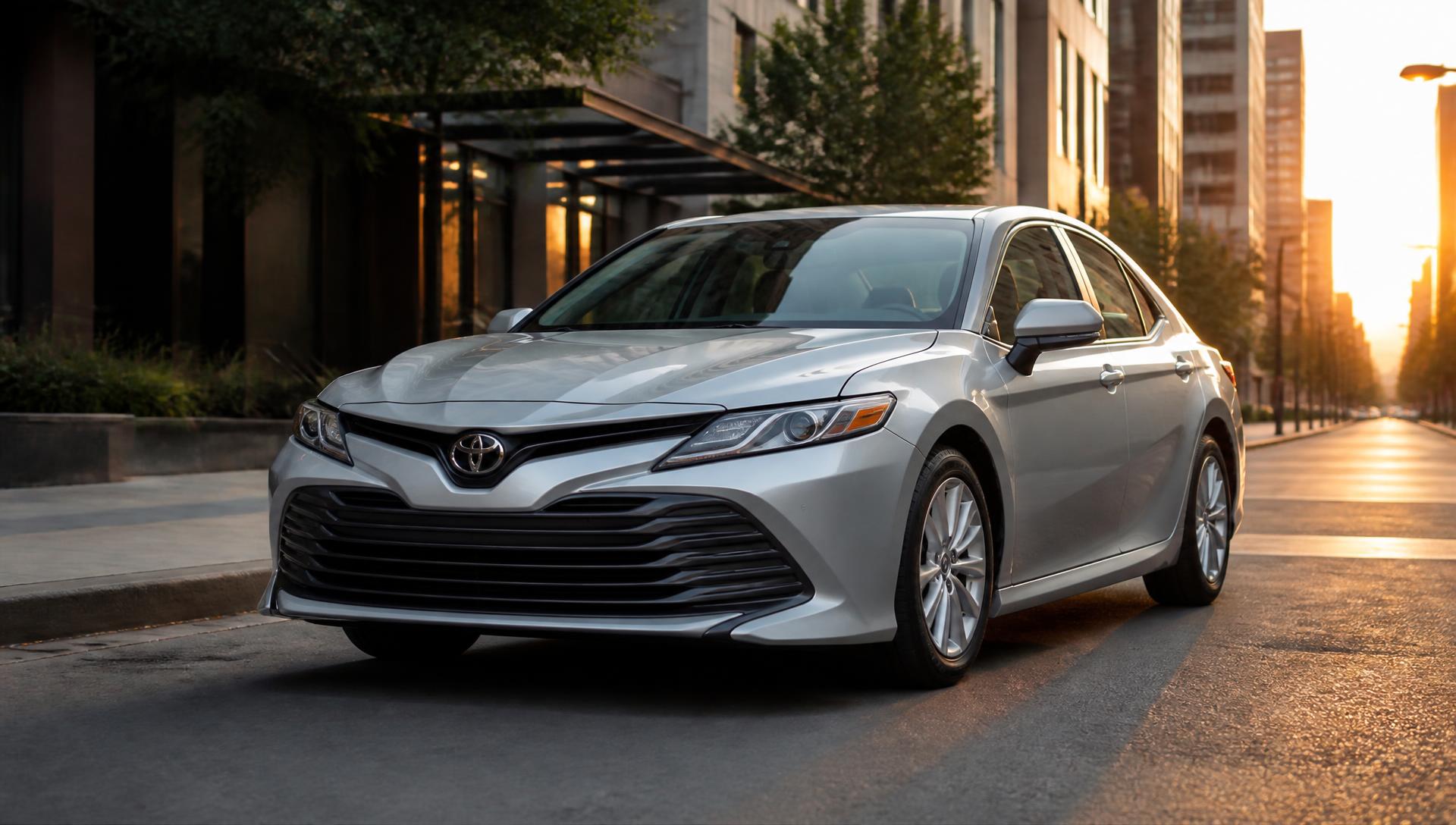 Silver sedan parked on a city street at sunset, ready for a long term rental